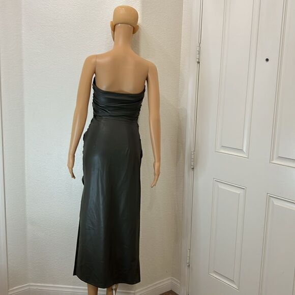 Zara Dress Small Green Leather Effect Strapless Bandeau Ruched Bodycon Tube Top - Picture 7 of 14